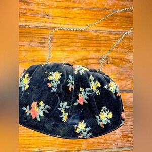 Vintage American Retro Blue Floral velvet clutch bag W/chain pouch shoul…